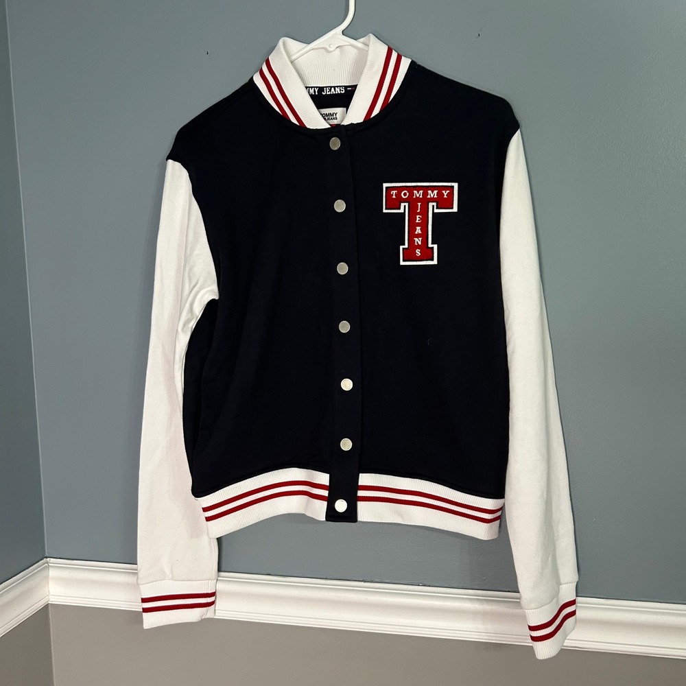 Tommy Jeans Womens Varsity Jacket Navy Blue White Chenille Logo XS Letterman